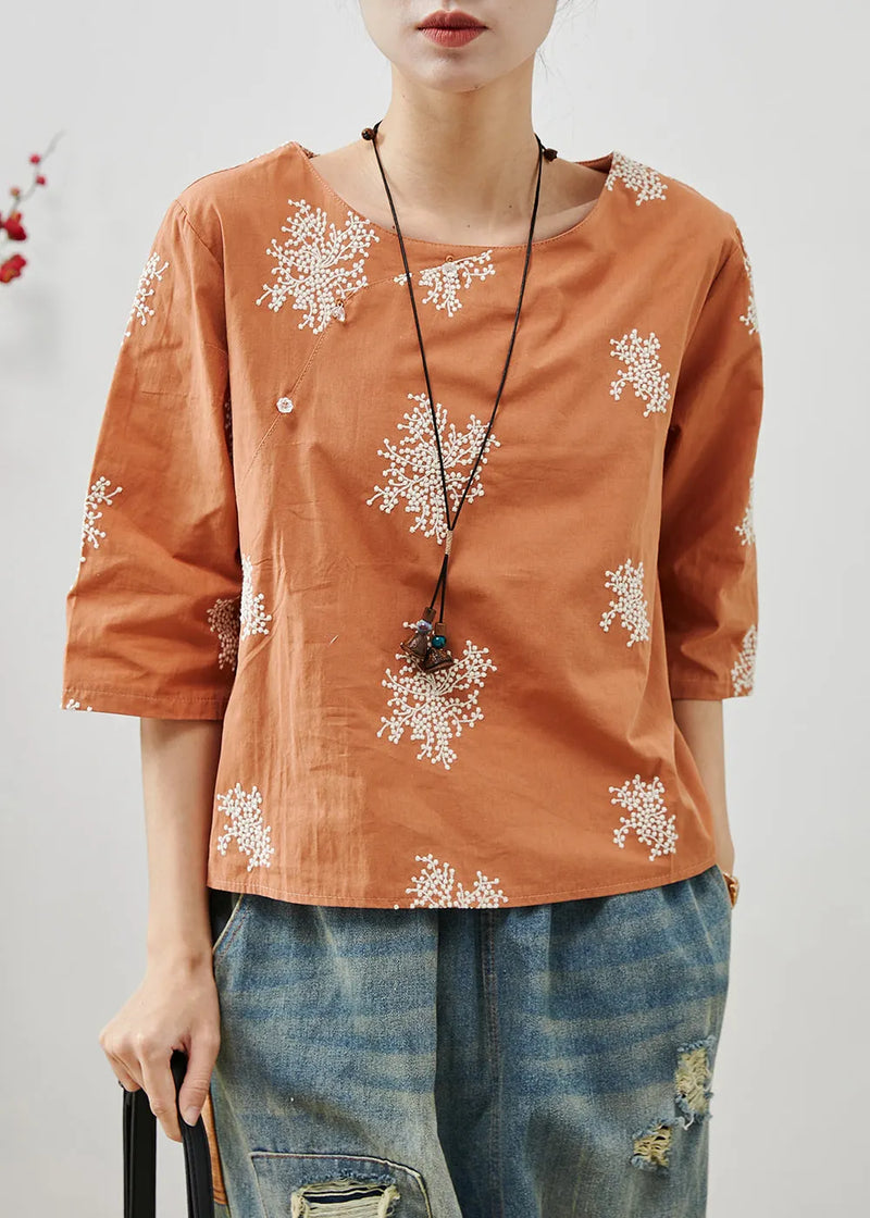 Fine Orange Embroidered Cotton Top Half Sleeve