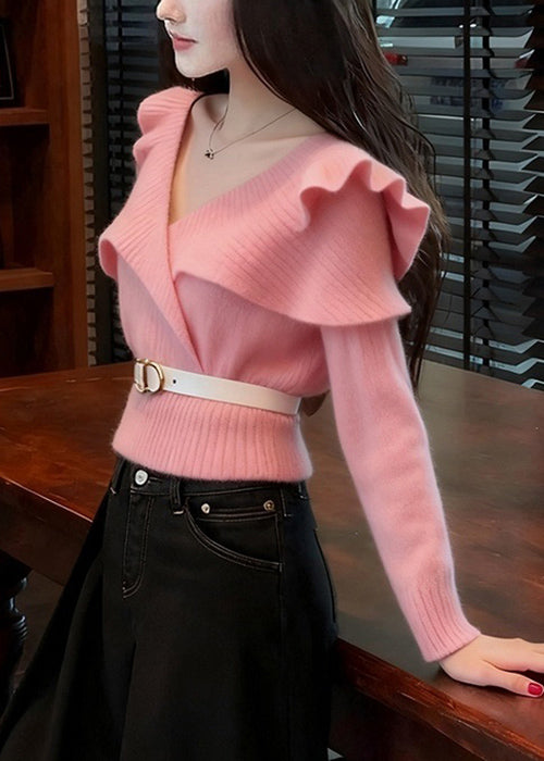 Art Pink V Neck Ruffled Knit Sweater Spring