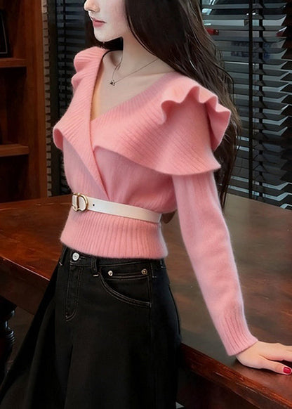 Art Pink V Neck Ruffled Knit Sweater Fall