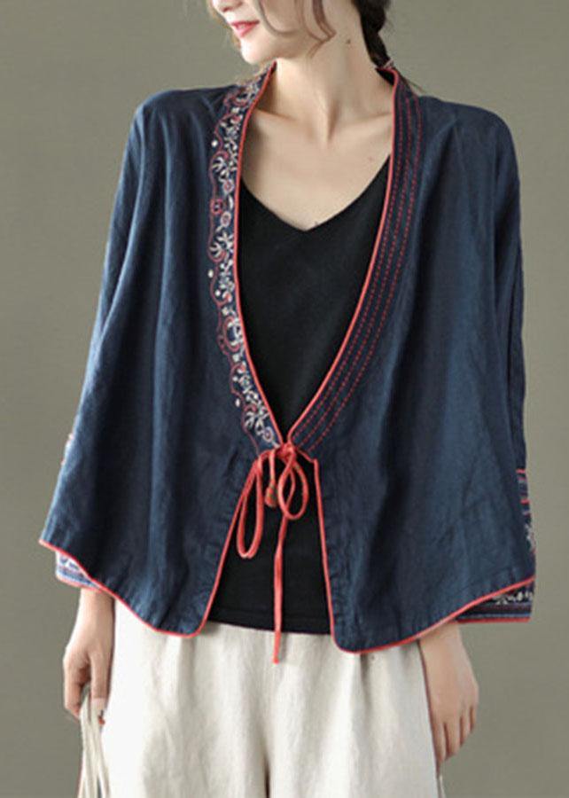 Indigo Embroidered Long Sleeve Linen Shirt