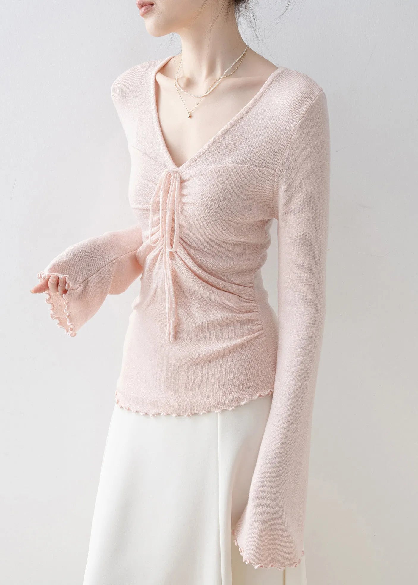Pink V Neck Bow Knit Top Flare Sleeve