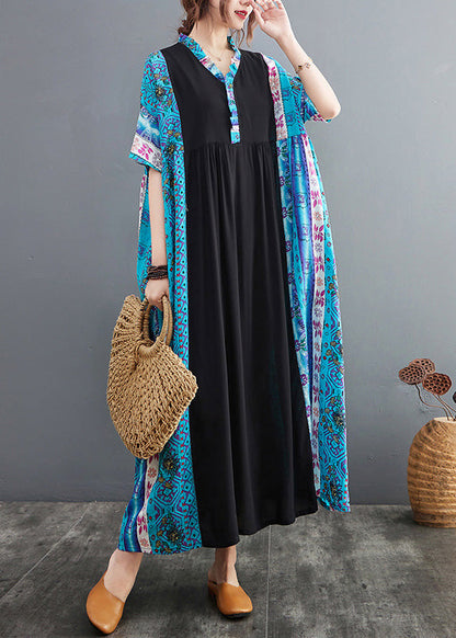 Blue Ruffled Print Patchwork Cotton Exra Large Hem Dress Summer