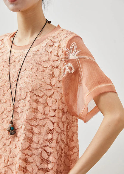 Stylish Orange Embroidered Patchwork Lace Day Dress Summer