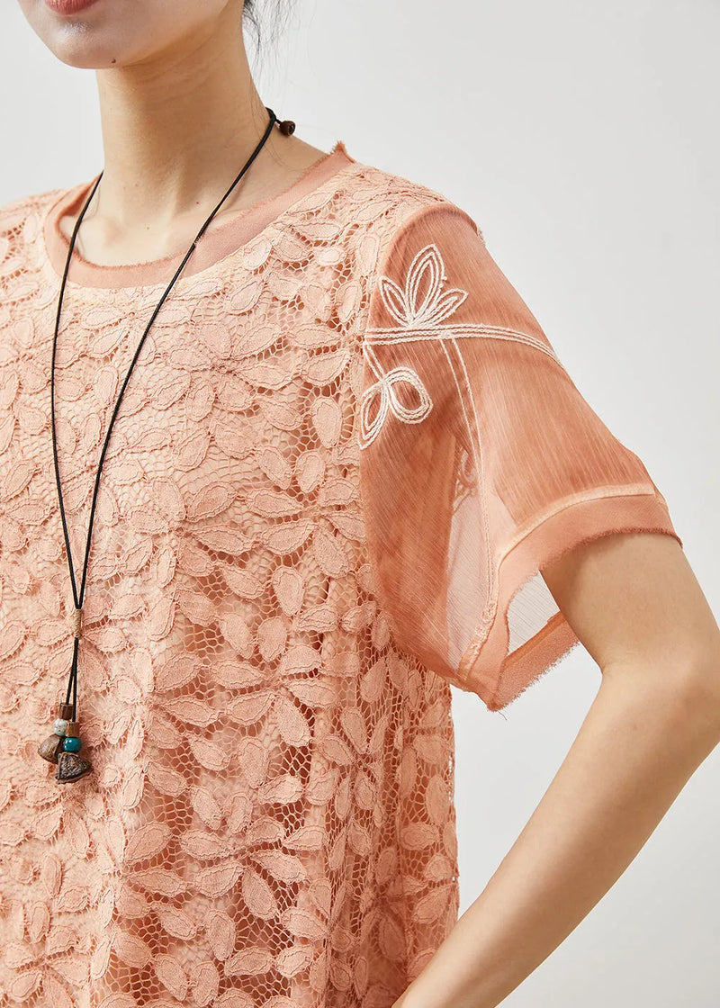 Stylish Orange Embroidered Patchwork Lace Day Dress Summer