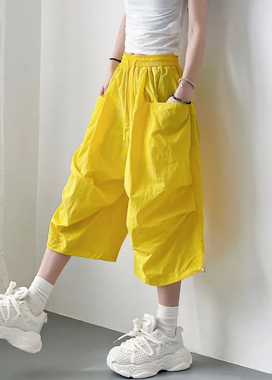 Yellow Lace Up Oversized Cotton Summer Crop Pants Elastic Waist