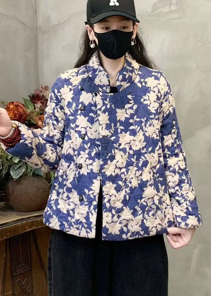 Blue Stand Collar Print Fine Cotton Filled Coat Winter