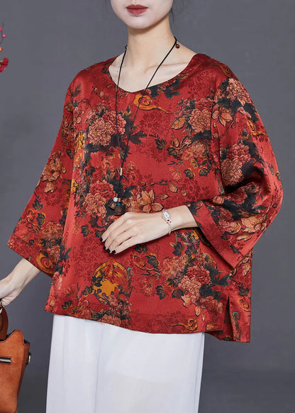 Red Print Loose Silk Shirt Top O-neck Summer