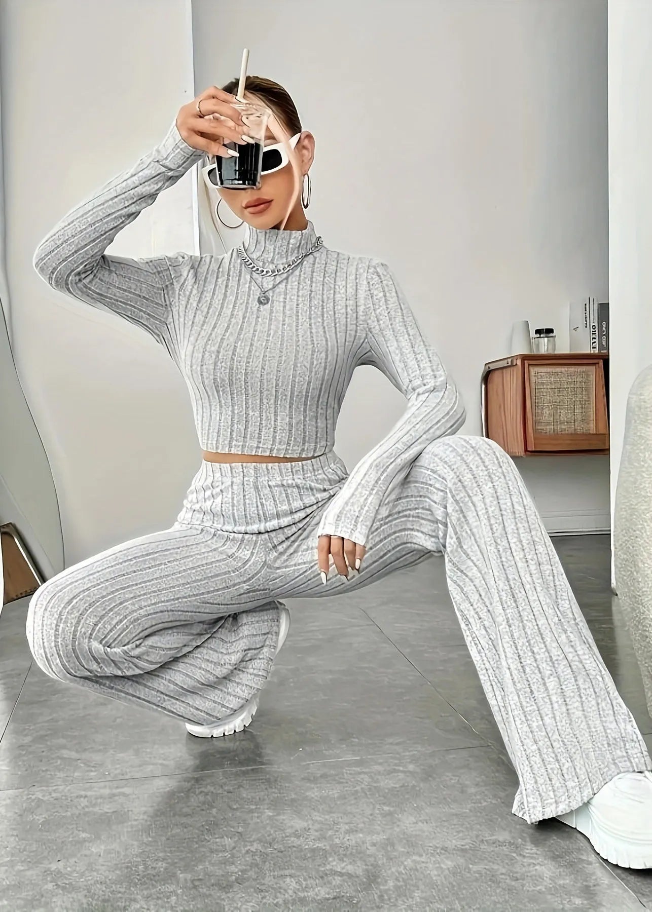 Stylish Light Grey High Neck Knit Two Piece Set Clothing Spring