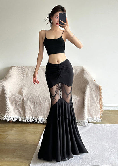 Black Tulle Patchwork High Waisted Wrap Buttocks Fishtail Skirt