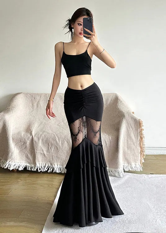 Black Tulle Patchwork High Waisted Wrap Buttocks Fishtail Skirt