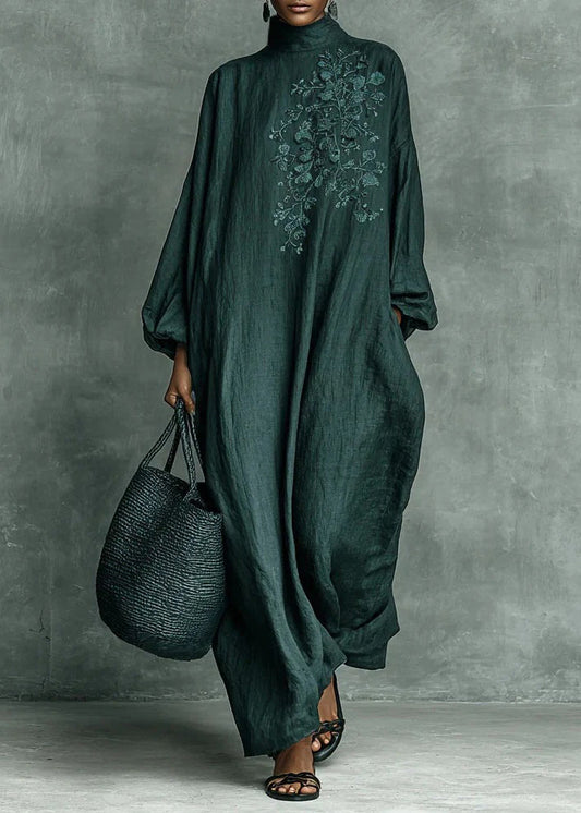 Green Hign Neck Print Pockets Cotton Dress Fall