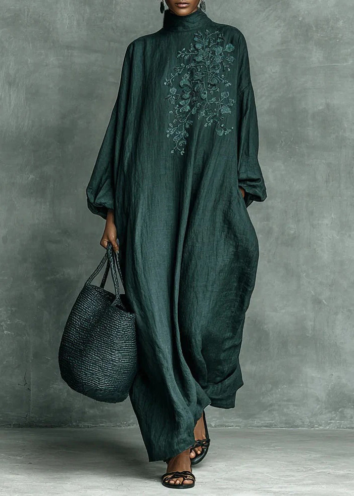 Green Hign Neck Print Pockets Cotton Dress Fall