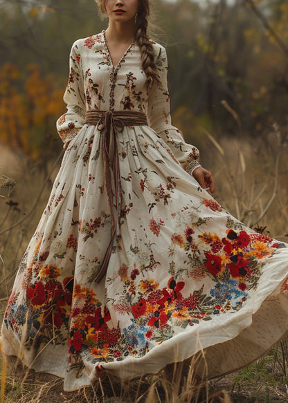 Beige Print Exra Large Hem Cotton Dress Fall