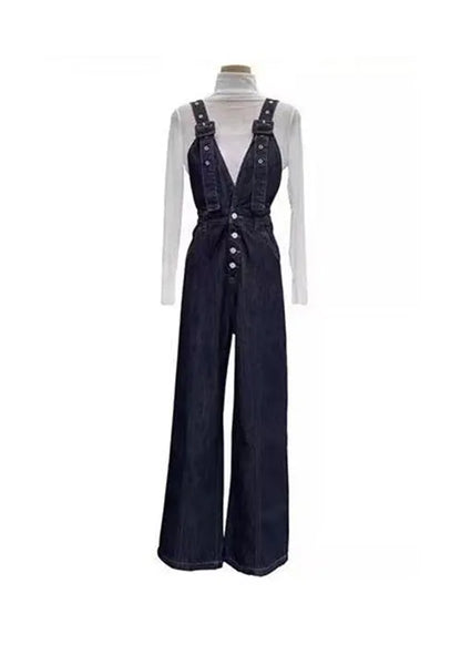 Navy Pockets Patchwork Denim Jumpsuits Spring