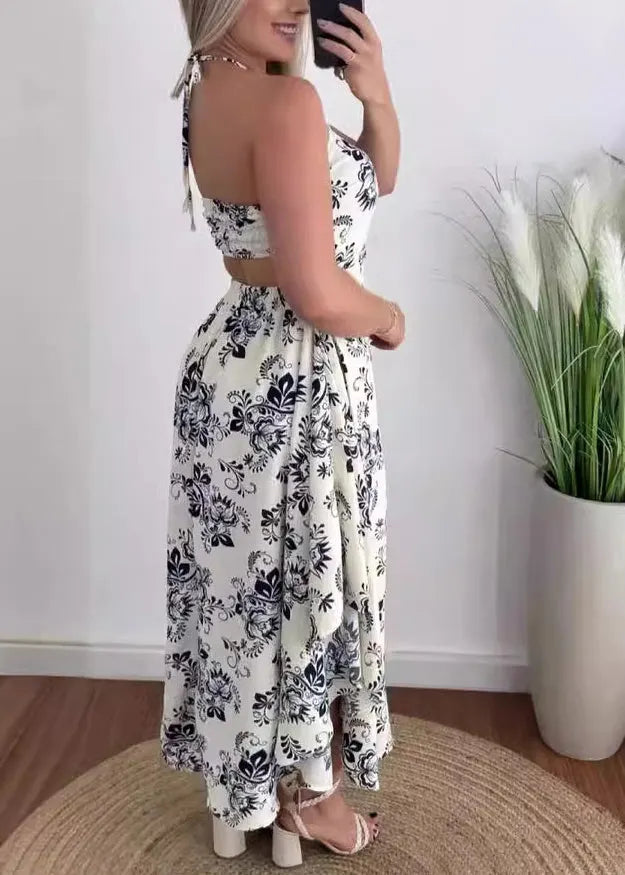 Organic Blue Halter Print Backless Cotton Dresses Summer