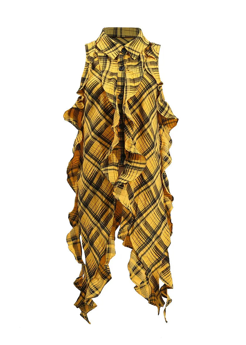 Style Yellow Asymmetrical Ruffled Plaid Cotton Blouse Top Sleeveless