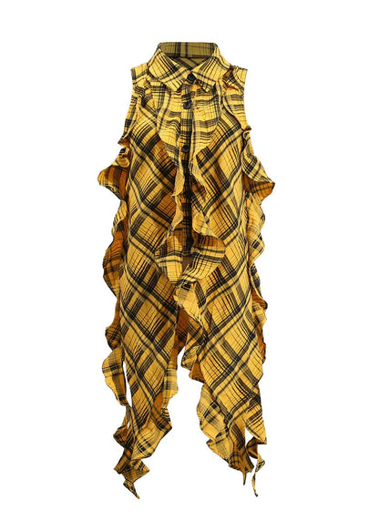 Style Yellow Asymmetrical Ruffled Plaid Cotton Blouse Top Sleeveless