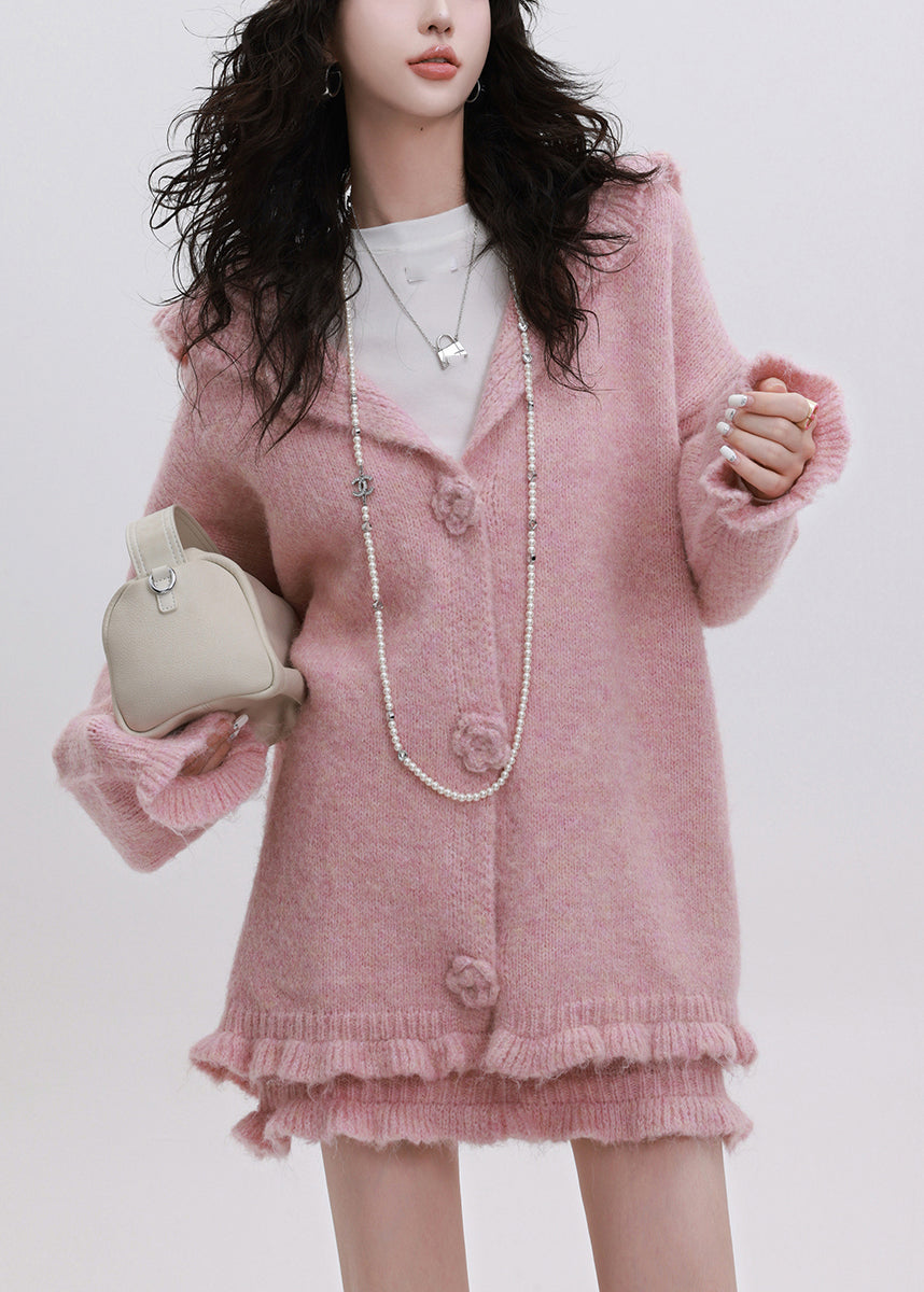 Pink Ruffled Patchwork Cotton Knit Hooded Cardigan and Skirts Two Piece Set Spring