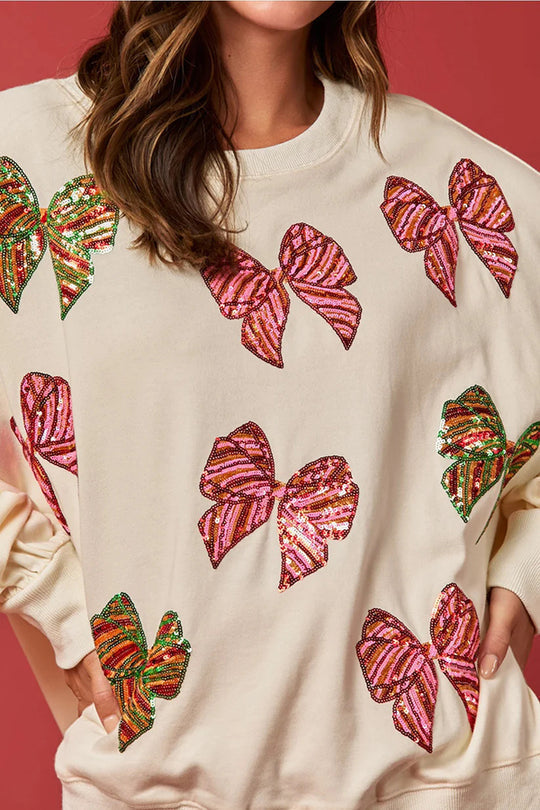 Christmas Bow Sequin Loose Casual Long-Sleeve Sweatshirt