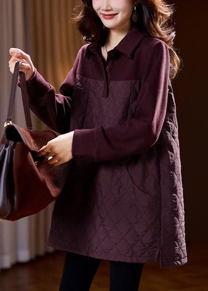 Wine Red Button Patchwork Cotton Filled Blouses Spring