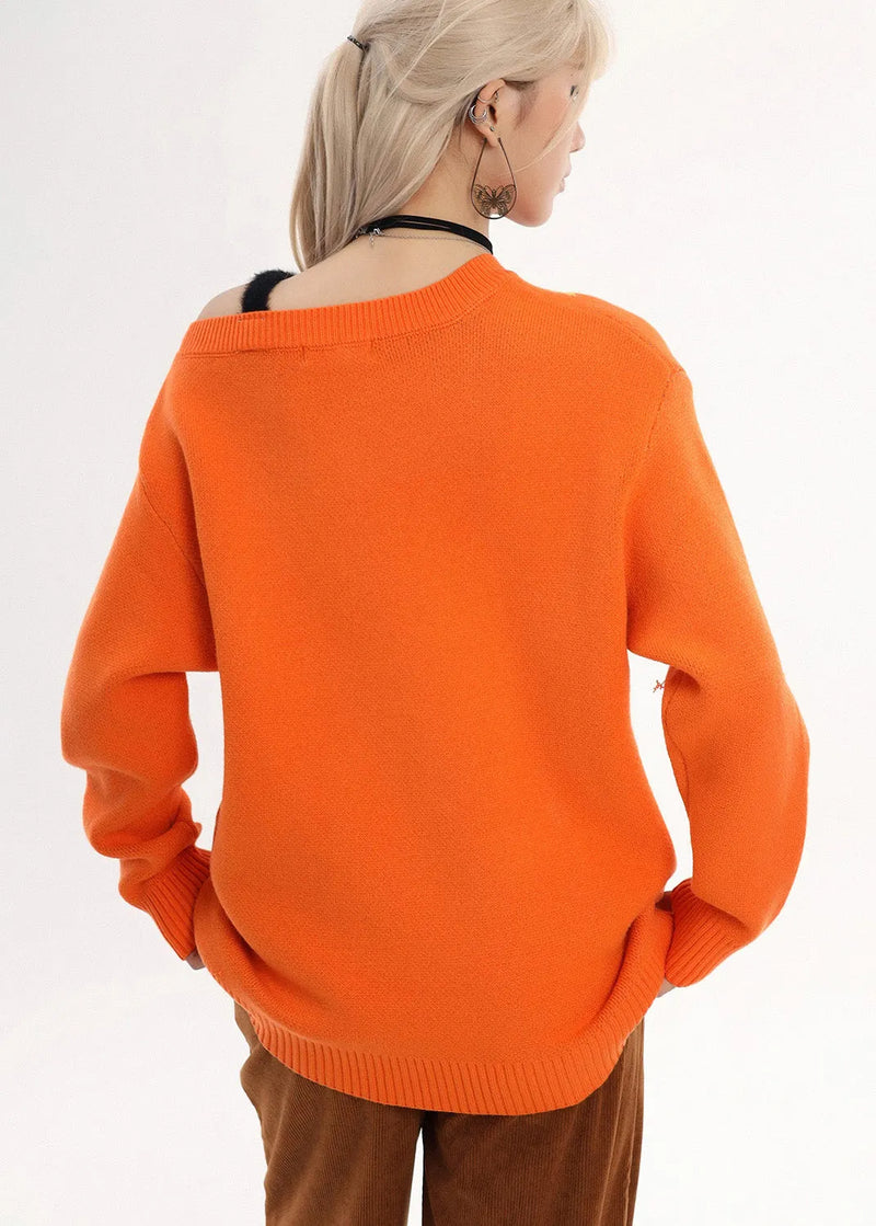 Orange Embroidered Cold Shoulder Knit Sweater Winter