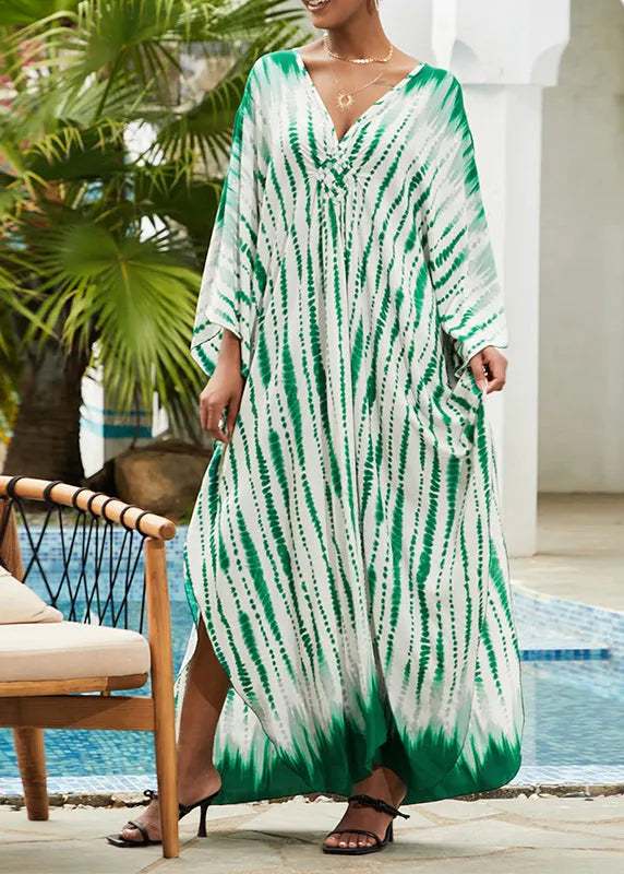 Green V Neck Print Cotton Robe Dresses Summer