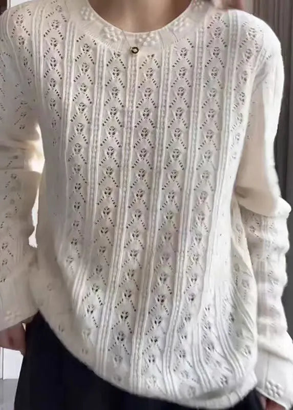 White O Neck Hollow Out Knit Top Fall