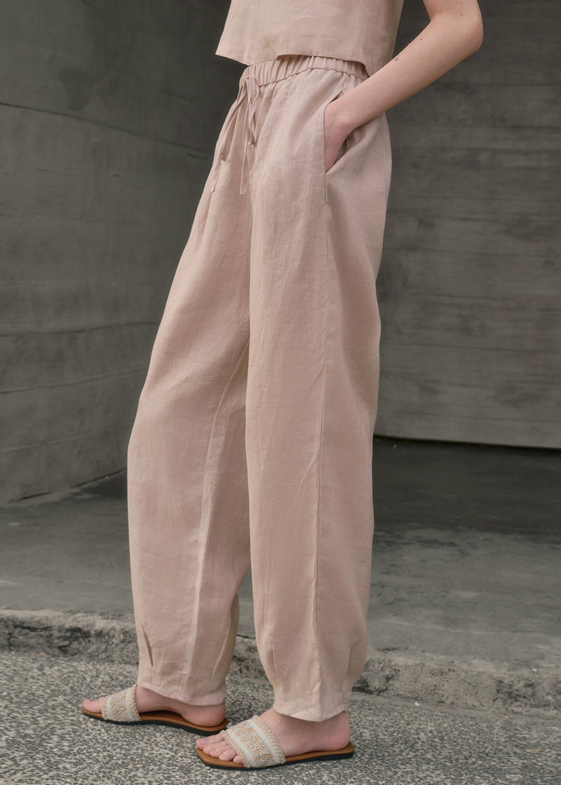 Simple Style White Pockets Elastic Waist Linen Pants Summer