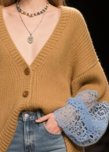Cozy Coffee Oversized Patchwork Lace Cardigan Fall