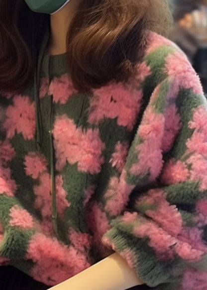 Pink O Neck Jacquard Faux Fur Knit Sweaters Fall
