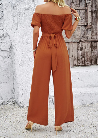 Brown Slash Neck Hollow Out Cotton Jumpsuit Summer