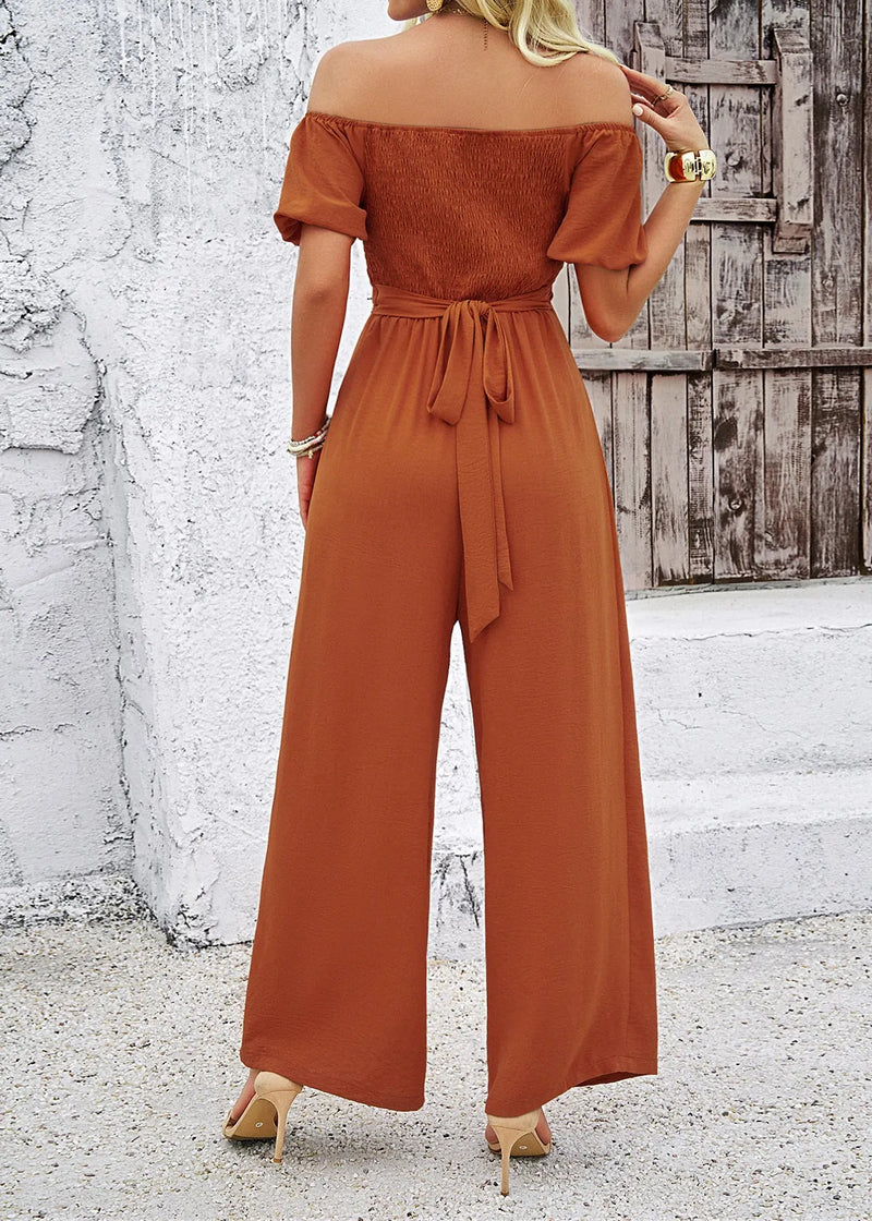 Brown Slash Neck Hollow Out Cotton Jumpsuit Summer