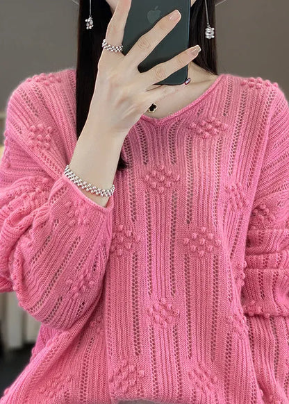 Rose V Neck Hollow Out Cotton Knit Sweaters Fall