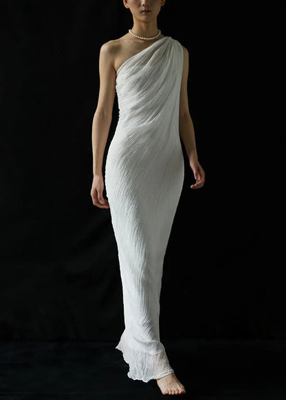 White One-shoulder Wrinkled Silk Long Dresses Summer