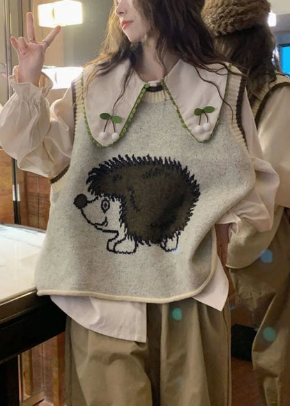 Grey O-neck Animal Print Cotton Knit Waistcoat Fall