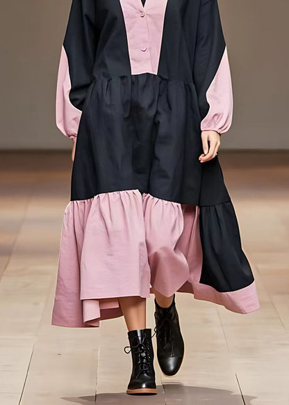 Pink Wrinkled Patchwork Maxi Dress Long Sleeve