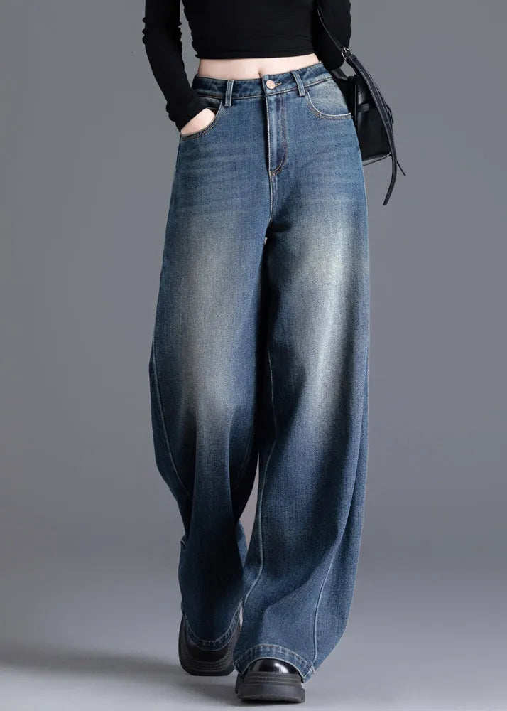 French Navy Oversized Wrinkled Denim Wide Leg Skirt Spring