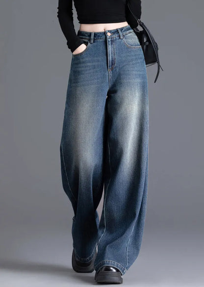French Navy Oversized Wrinkled Denim Wide Leg Skirt Spring