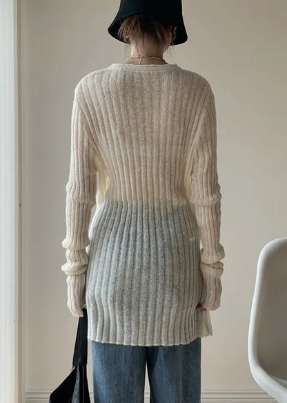 Simple White O-neck Thin Knit Sweater Dress Fall