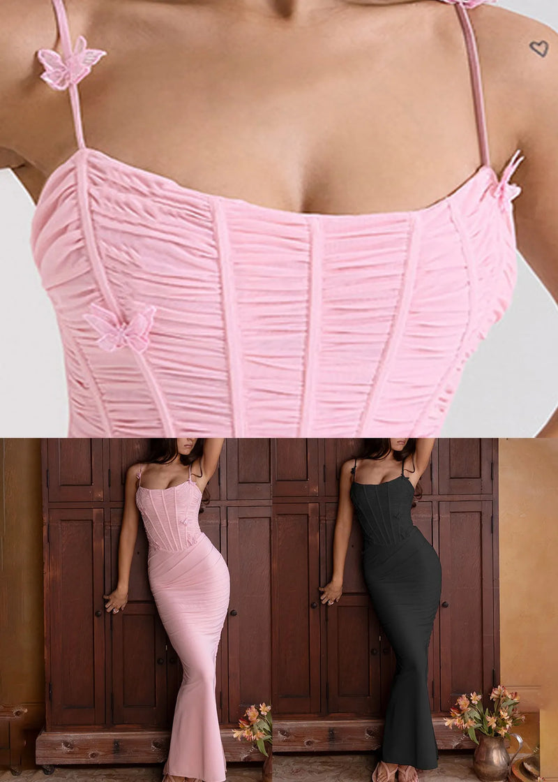 Slim Fit Pink Butterfly Wrinkled Tulle Spaghetti Strap Dress Sleeveless