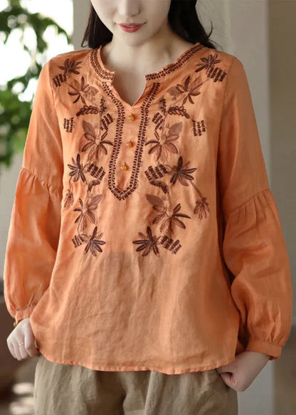 Orange Embroidered Wrinkled Patchwork Linen T Shirt Spring