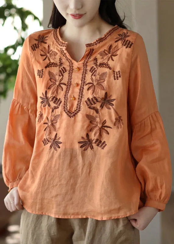 Orange Embroidered Wrinkled Patchwork Linen T Shirt Spring