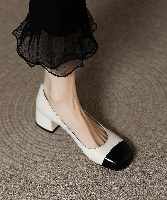 French Beige Splicing Chunky Heel Loafers for