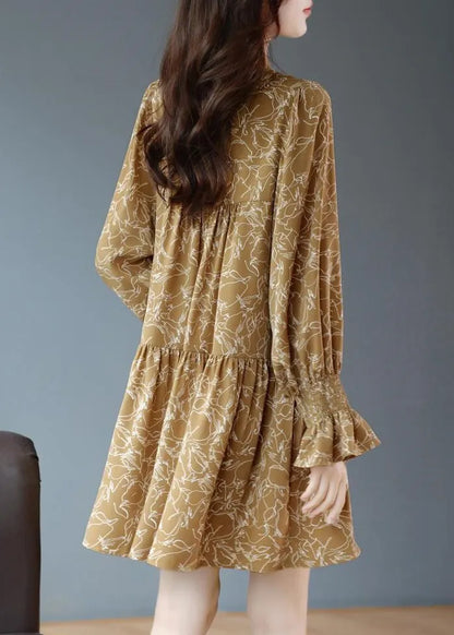 Original Design Yellow Wrinkled Print Tie Lace Mid Dress Flare Sleeve