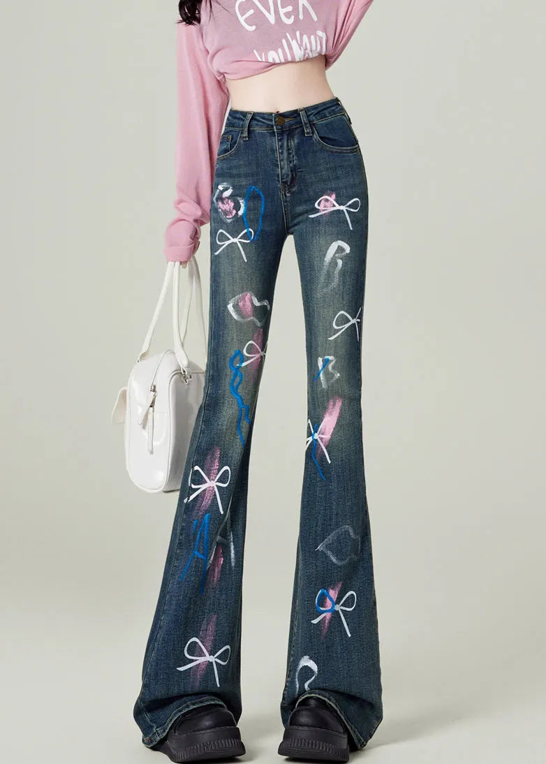Blue Pockets Bow Print Denim Flared Trousers Spring