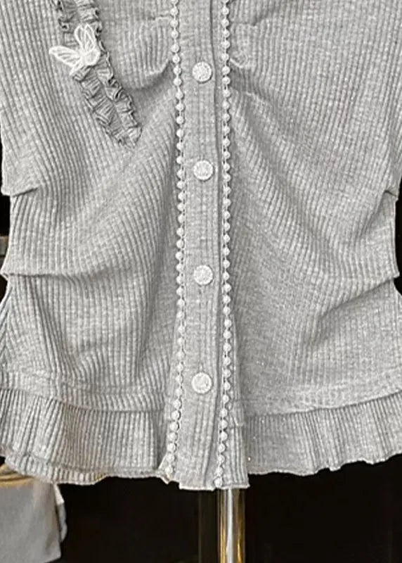 Grey V Neck Ruffled Butterfly Cotton T Shirts Spring