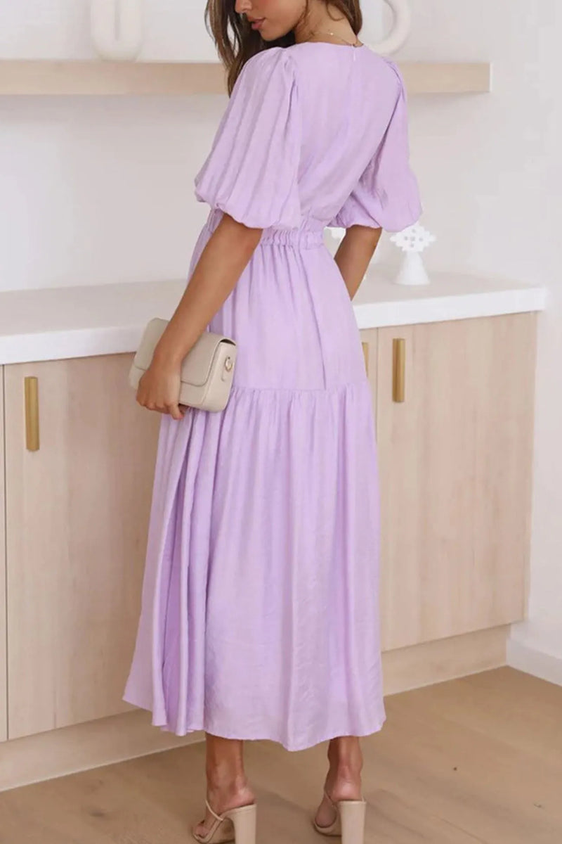 Deep V Neck Puff Sleeve Tiered Dress