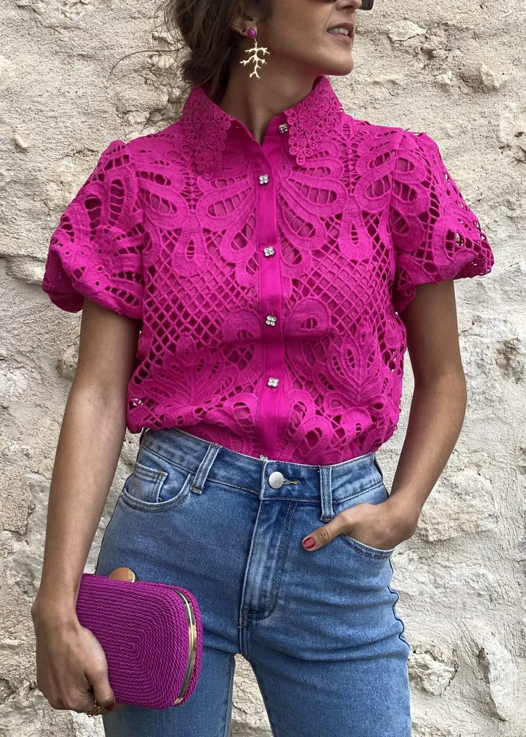 White Peter Pan Collar Hollow Out Lace Blouse Top Summer