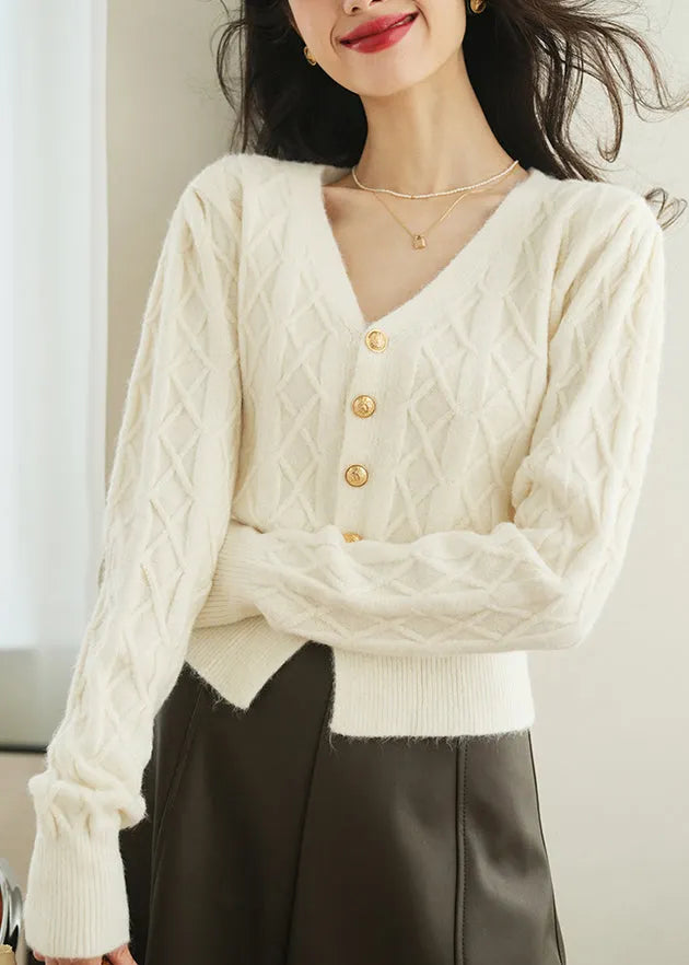 White Button Plaid Knit Sweater V Neck Spring