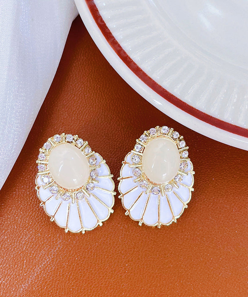 Classy White Copper Alloy Zircon Pearl Fan-shaped Stud Earrings